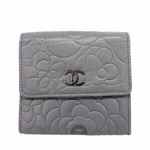 Chanel Trifold Wallet Camellia Lambskin Gray Silver